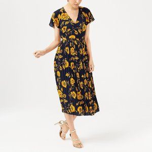 J. Crew Navy and Yellow Floral Pleated Midi Wrap Dress, Size 4